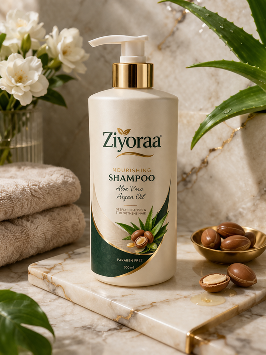 Ziyoraa Nourishing Shampoo – Aloe Vera & Argan Oil | Paraben Free | Deep Cleansing & Hair Strengthening 300ml